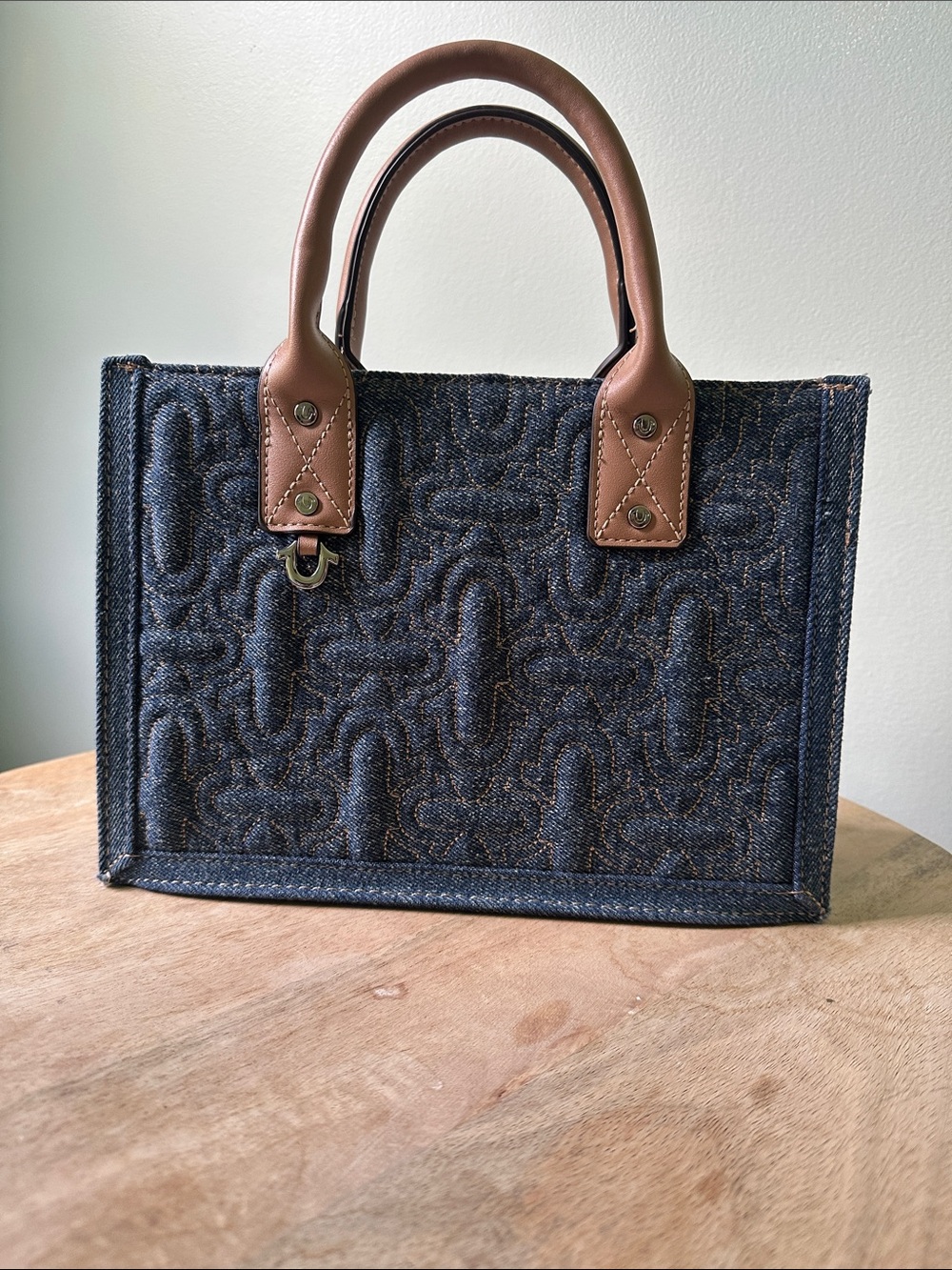 True Religion Quilted Horseshoe Denim Tote with Brown Leather Handles